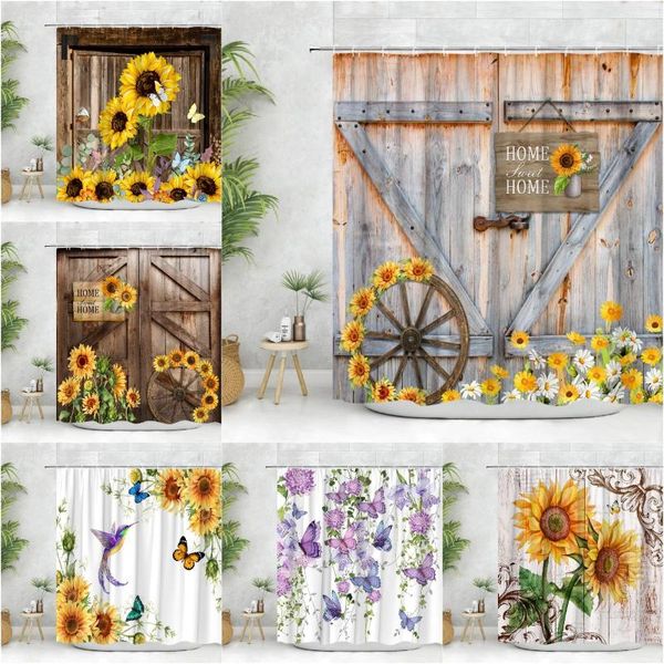 Rideaux de douche Rideau de tournesol Printemps Plantes florales Ferme Rustique Grange Porte Papillon Feuille Polyester Tissu Salle de bain Décor Ensemble