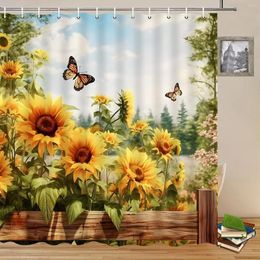 Rideaux de douche tournesol ferme clôture fleur papillon plante feuilles Floral printemps paysage rustique salle de bain décor Polyester rideau