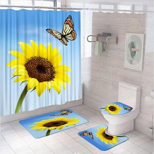 Rideaux de douche rideau de papillon de fleur de tournesol ensemble d'automne fleurir jardin floral salle de bain non glissée tapis de bain de salle de bain couvercle de toilette