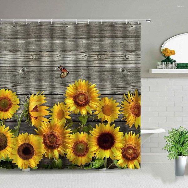 Rideaux de douche tournesol fleur grain de bois plante paysage salle de bain rideau cactus papillon abeille paysage floral bain avec crochets