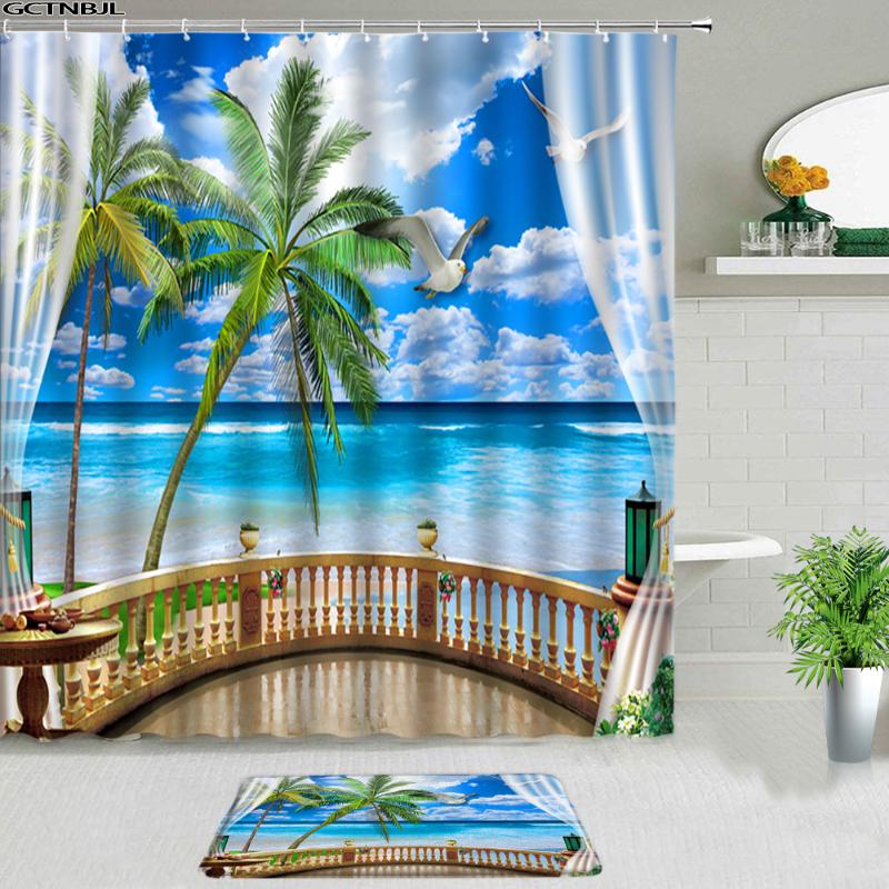 Cortinas de chuveiro Luz do sol Praia paisagem oceano Conjunto de palmeiras do mar Janela sem deslizamento Tapetes de banho TAPELO DO BAIOR DA PORTA DE ENTRRAÇO