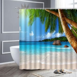 Rideaux de douche ensoleillé plage rideau mer vagues cocotier étoile de mer coquille océan paysage tissu imperméable salle de bain baignoire décor