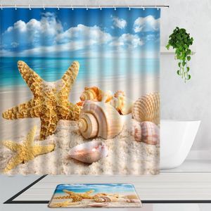 Douche gordijnen zonnige strand zeester shell schilderachtig blauw oceaan landschap badkamer decoratief gordijn set niet-slip badmat tapijt