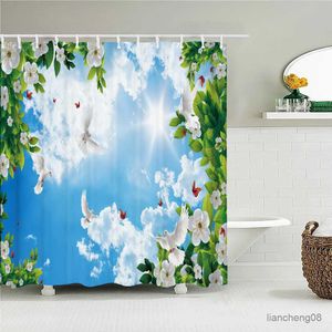 Rideaux de douche Sunny Blue Sky Blanc Clouds paysage rideau de douche imperméable tissu pigeon oiseaux décor de salle de bain rideaux de salle de bain
