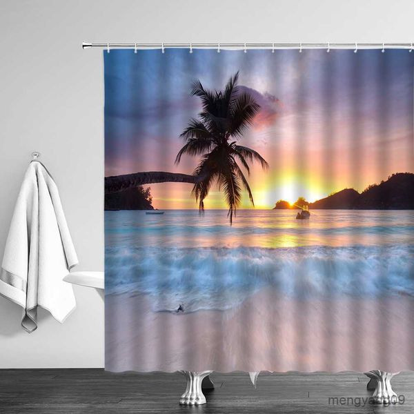 Cortinas de ducha Sunny Ocean Beach, cortinas de ducha con paisaje, concha de árbol de coco, olas del mar, barco, mampara de baño, tela, decoración del hogar, juego de cortinas R230830