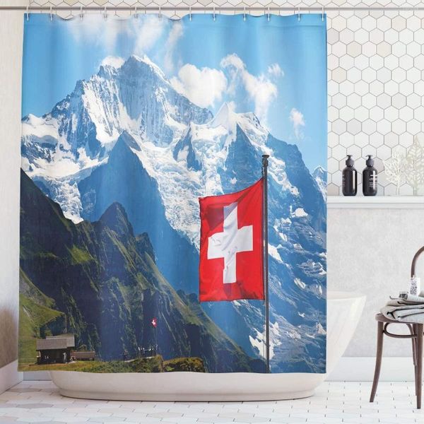 Rideaux de douche Suisse Rideau Mannlichen Jungfrau Région Montagnes avec neige et drapeau national Tissu Salle de bain Décor Set Crochets