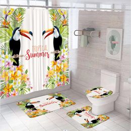 Cortinas de ducha Toucan Parrot Flamenco Hojas verdes Cortinas Sets Tropical Jungle Flor de verano Mat de verano Alfombra Alfombra Decoración de baño