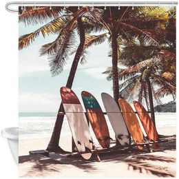 Rideaux de douche, paysage de voyage, planche de surf et palmiers sur la plage, tissu en Polyester avec crochets, rideau de bain pour décoration de salle de bain