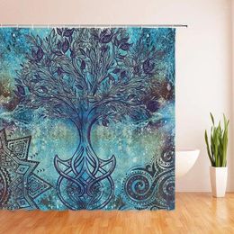 Rideaux de douche Arbre de vie Rideau Motif de style grunge avec des formes de mandala ethniques Tissu d'art flou Ensemble de salle de bain Turquoise Marron