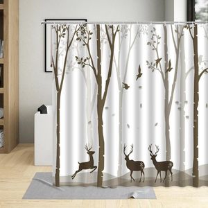 Rideaux de douche, arbres, wapiti, tronc d'oiseau, forêt, motif de paysage d'automne, décor de salle de bain moderne, ensembles de rideaux suspendus en tissu Polyester