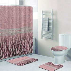 Douche gordijnen trendy meisjesachtige glitter roze luipaard print gordijn set voor badkamer cheetah badmatten tapijten toiletdecoratie