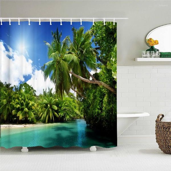 Rideaux de douche rideau de plage tropicale impression 3D paysage de mer plante verte paysage imperméable Polyester salle de bain bain décor à la maison