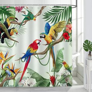 Rideaux de douche rideaux d'oiseaux tropicaux pour le perroquet de salle de bain toucan feuilles vertes plantes en tissu polyester d'été crochets de décoration de bain