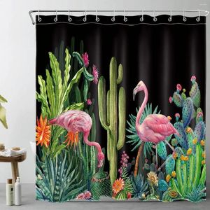 Rideaux de douche Cactus Tropical Flamingo plantes vertes succulentes rideau de bain noir tissu Polyester décor de salle de bain avec crochets