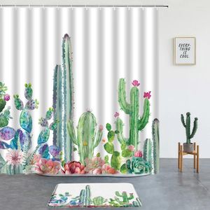 Douche gordijnen tropische cactus set niet-slip vloerkleed groen planten bloem wasbare stof voor badkamerdecoratie met haken badmat