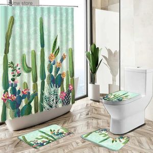 Rideaux de douche Rideau de douche Cactus tropical aquarelle Art ensemble de salle de bain plantes vertes fleurs tapis antidérapant couverture de toilette tapis de sol lavable Y240316