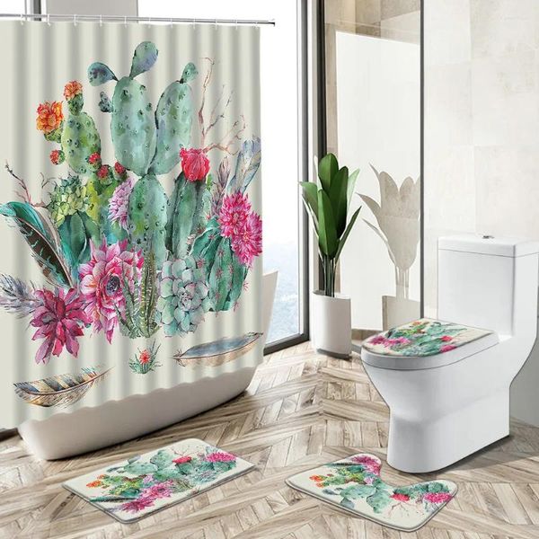 Rideaux de douche cactus tropical à imprimé succulent rideau de salle de bain d'été ensemble la plante verte fleur plume pirate de piédestal non glissée couvercle de toilette