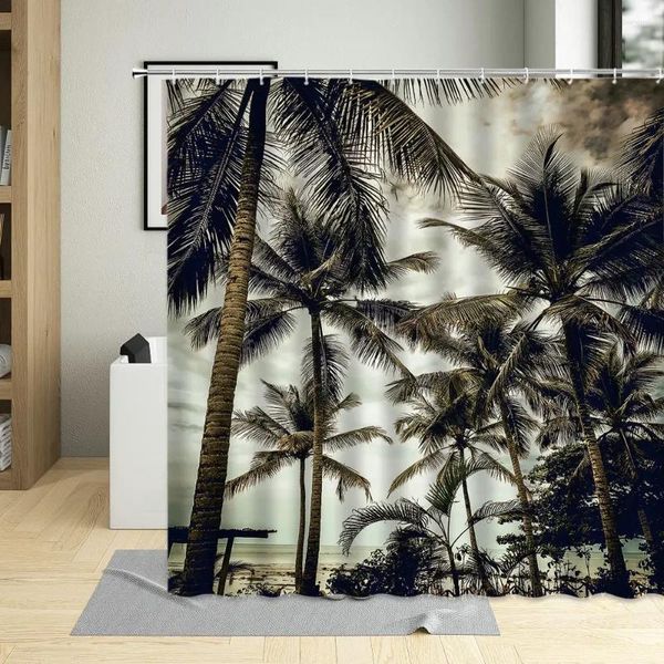 Rideaux de douche Côte tropicale Cocotier Motif de palmier Rideau Polyester Tissu imperméable Salle de bain pour salon Décor