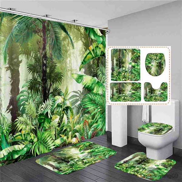 Cortinas de ducha Bosque Tropical Árbol Hojas de plantas Juego de cortinas de ducha Cortinas de baño impermeables Alfombra de baño antideslizante Alfombras Cubierta de alfombra R230831