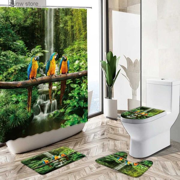 Rideaux de douche Forêt tropicale cascade paysage rideau de douche perroquet oiseau léopard faune imprimé tapis de bain couvercle de toilette couverture salle de bain tapis Y240316