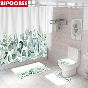 Rideaux de douche rideau de feuille de plante verte tropicale salle de bain à la maison couvercle de toilette de piédestal tapis de bain de tapis non glip