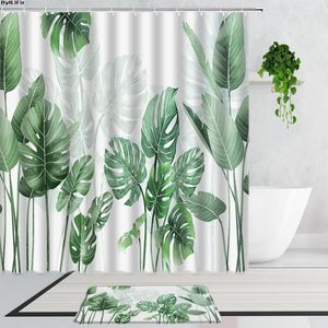 Douchegordijnen Tropische Groene Plant Blad Palm Europese Bladeren Eenvoudige Art Decor Badkamer Gordijn Stof Antislip Badmat Tapijt