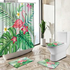 Douchegordijnen Tropische Groene Planten Flamingo Douchegordijn Zomer Jungle Bloem Blad Landschap Thuis Badmat Toilet Cover Badkamer Tapijt Set Y240316