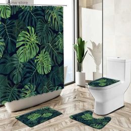 Rideaux de douche Plantes vertes tropicales rideau de douche feuille de palmier banane fleur été décor à la maison tapis de bain couvercle de toilette couverture flanelle tapis de salle de bain Y240316