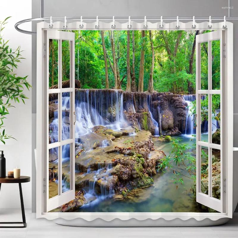 Duschgardiner tropisk djungel gardin regnskog växt vattenfall vårblommor skog natur landskap tyg badrum dekor