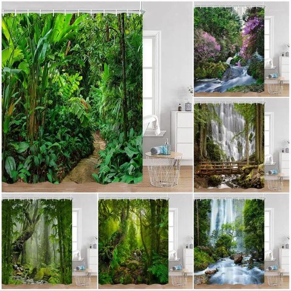 Rideaux de douche Tropical Jungle Paysage Rideau Forêt Palmiers Vignes Plante Cascade Forêt Tropicale Paysage Salle De Bains Décor À La Maison