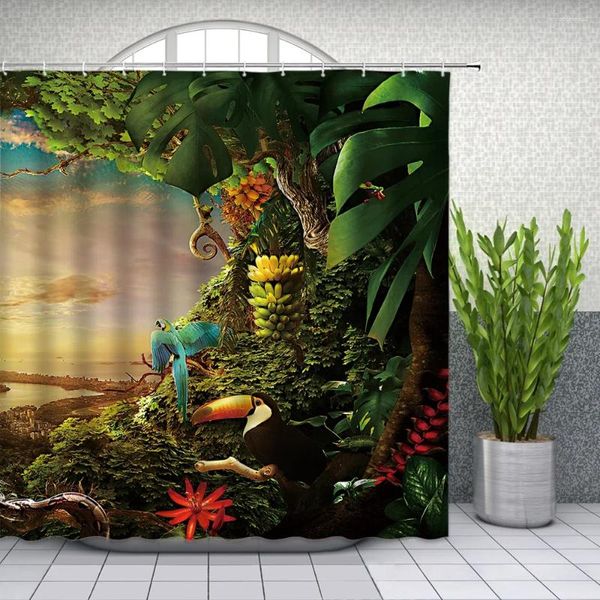 Rideaux de douche paysage de Jungle tropicale, décor de salle de bains, Animal sauvage, perroquet Toucan léopard, rideau de baignoire en Polyester pour la maison