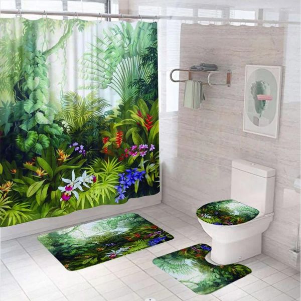 Cortinas de ducha Hojas de la jungla tropical juego de cortina floral con alfombra asiento de baño tope bañera planta de verano tela decoración de baño