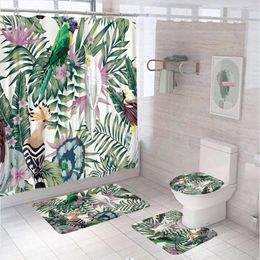 Douchegordijnen Tropische jungle bladeren Papegordijn Sets dier zebra olifant flamingo badmat tapijt toilet tapijten voor badkamerdecoratie