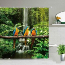 Rideaux de douche Tropical Jungle Perroquet Cascade Paysage Palmier Océan Sandy Beach Oiseau Paysage Salle De Bains Décor Tissu Rideau