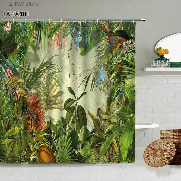 Rideaux de douche Jungle tropicale rideau de douche conte de fées forêt plantes vertes fleurs perroquet paysage animal salle de bain décor mural avec crochet écran Y240316
