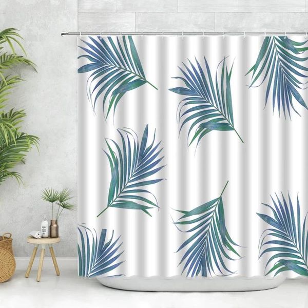 Cortinas de ducha Hojas tropicales Cortina Patrón de planta verde Baño Tela de poliéster Baño con ganchos Pantalla moderna