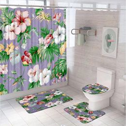 Rideaux de douche feuilles tropicales de fleurs ensembles de rideaux avec tapis baignier de bain couverture de toilette verte palpie de feuille de feuille de feuille de salle de bain florale