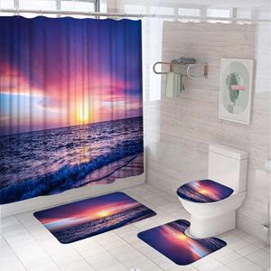 Rideaux de douche rideau d'océan tropical Set Sea Waves Sunrise Sunset Purple Beach Scenery salle de bain avec tapis de bain Tapis de toilette