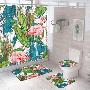 Douchegordijnen tropische plant bloem vogel flamingo gordijn badmat sets dier groene bladeren badkamer scherm toiletafdekking antislip tapijten