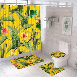 Corteaux de douche Plant tropical feuilles vertes rideaux ensembles aquarelle de la jungle de la jungle salle de bain non glissée tapis de bain couvercle de toilette de couvercle