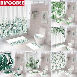 Douchegordijnen tropische plant groen bladeren 3d gordijn badkamer voetstuk tapijt toilet deksel deksel niet-slip vloerkleed badmat set