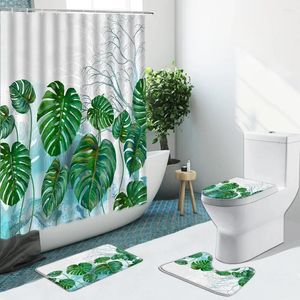 Douche gordijnen tropische plant palmblad bloem flamingo gordijn stoffen badkamer set niet-slip tapijten flanellen decor toilet tapijt met haken