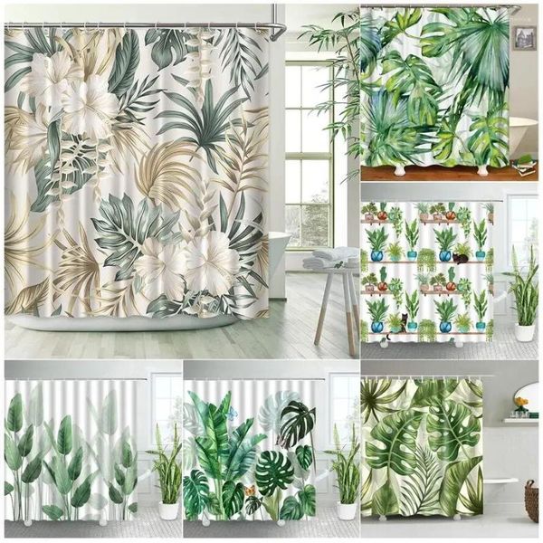Cortinas de ducha Plantas tropicales Floral Beige Hojas de palma verde Flores Decoración nórdica Batio Poliéster Tabón de tela de tela