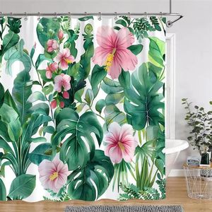 Douchegordijnen tropische planten bloemen gordijn groene palmbladeren roze bloemen polyester stof badkamer decor met haken