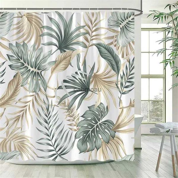 Cortinas de ducha Plantas tropicales Cortinas de ducha florales Hojas verdes beige Flores Decoración nórdica Baño Tela de poliéster Conjuntos de cortinas de baño