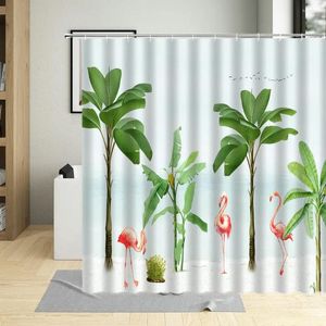 Cortinas de ducha Tropical Rainforest Flamingo Cortina Conjunto Planta verde Paisaje Decoración para el hogar Tela impermeable Baño con ganchos