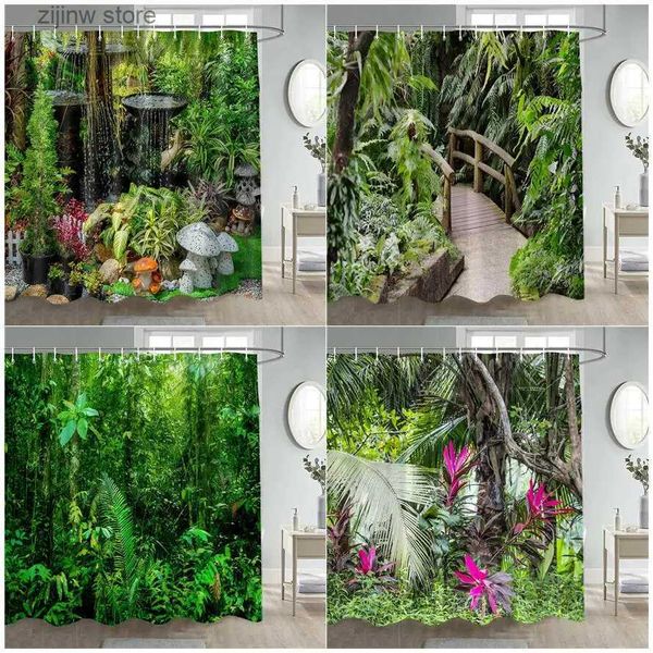 Cortinas de ducha Cortina de ducha de selva tropical Exuberante selva verde bosque planta hojas paisaje tela decoración de baño cortinas de baño con ganchos Y240316