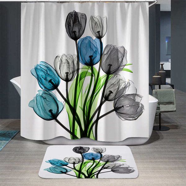 Rideaux de douche Tulipe Lotus Fleurs Arbres Polyester Waterproff Rideau de douche 3D Polyester Tissu Rideau de bain avec crochet Peinture à l'encre Décor
