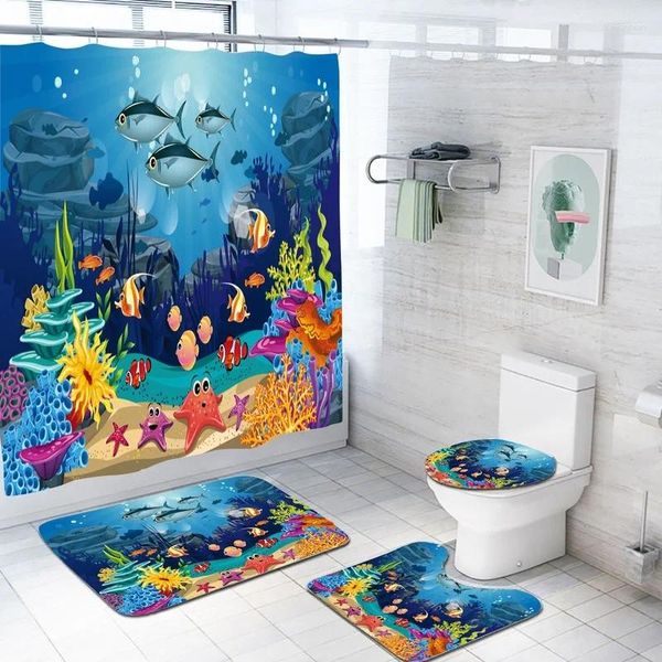 Rideaux de douche sous-marin mondial de vie marine imprime la salle de bain décorative étanche nordique rideau de sol en quatre pièces