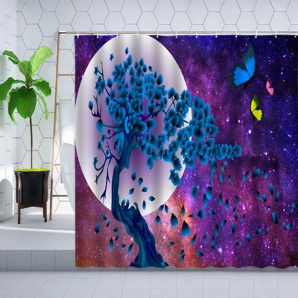 Cortinas de ducha Universo Starry Blue Tree Cortina Conjunto Mariposa Luna Noche Escena Decoración de la pared Baño Bañera Pantalla